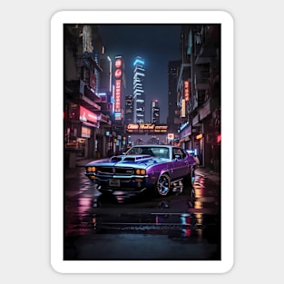 Classic muscle car in a cyberpunk neon city Sticker